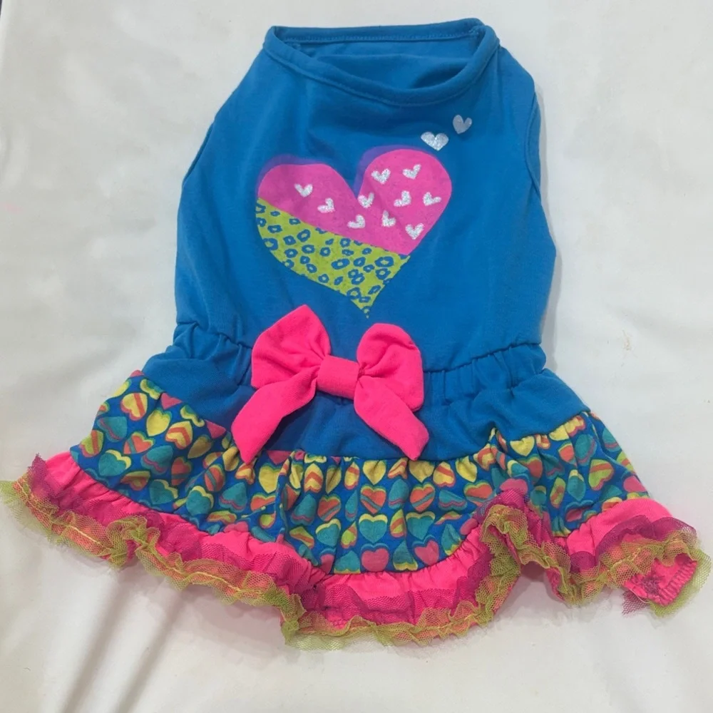 Blue Heart Ruffle Dog Dress with Pink Bow